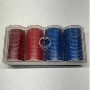 Vintage Plastic Poker Chips Set of 99 Blue and Red with Caddy *(Missing 1 Blue)